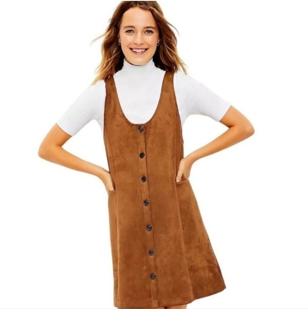 Loft Faux Suede Button Down Deep-Neck Pocket Brown Soft Vest Dress Women's Sz M